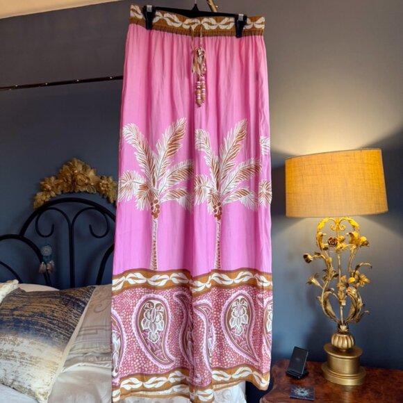 Maison d'Amelie Paris Pink Palm Wide Leg Silky Pants - Picture 1 of 10